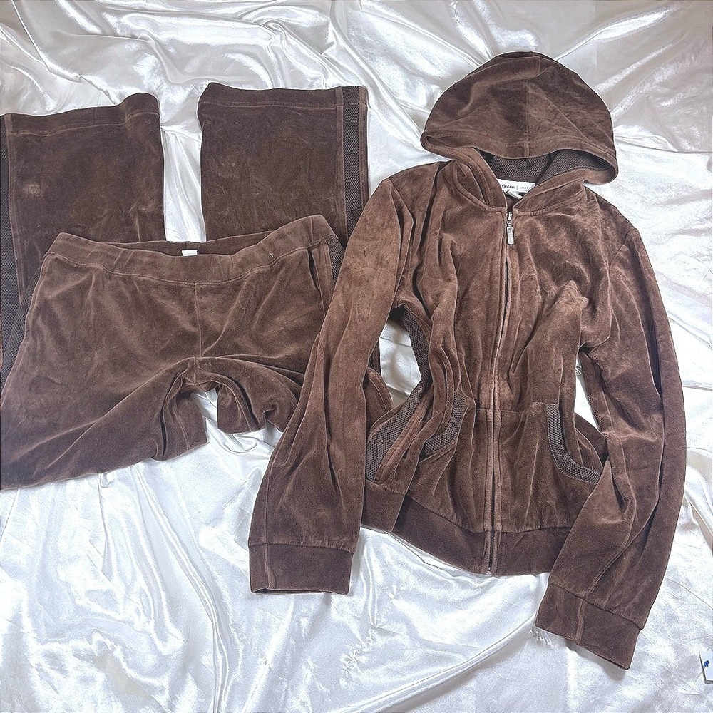 y2k Tracksuit Brown Excellent Velour Mesh Panel Zip Hoodie Wide Leg Pants Set